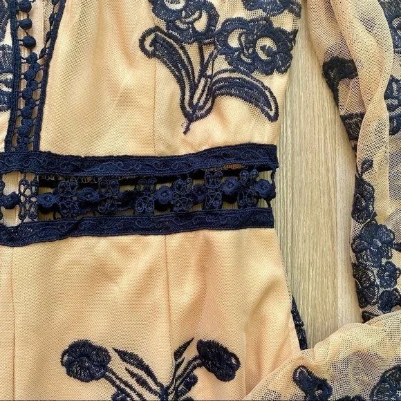BANJUL Nude & Navy Blue Long Sleeve Romper Tattoo Lace Floral Mesh - Picture 4 of 10